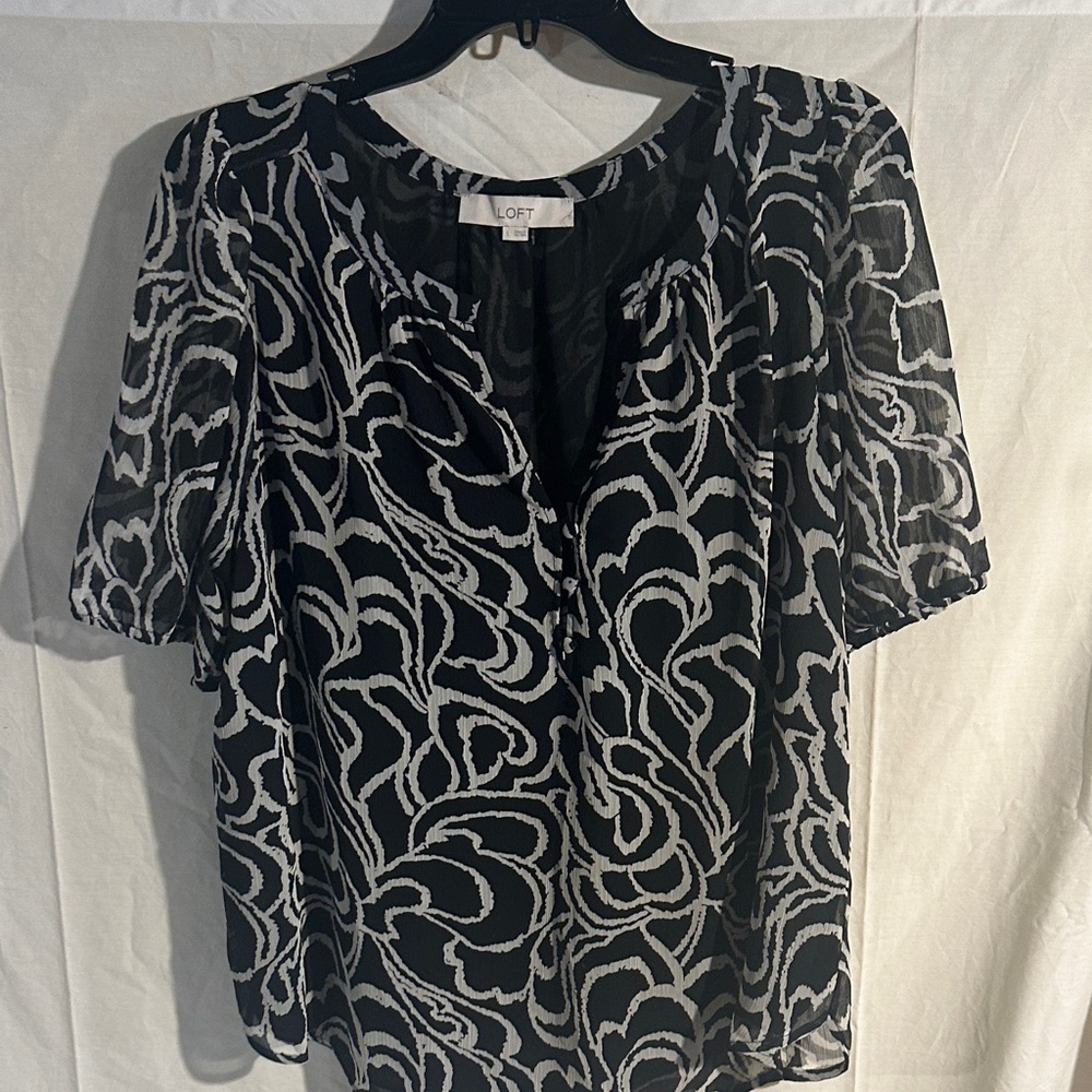 LOFT Sheer Black and White Patterned Blouse